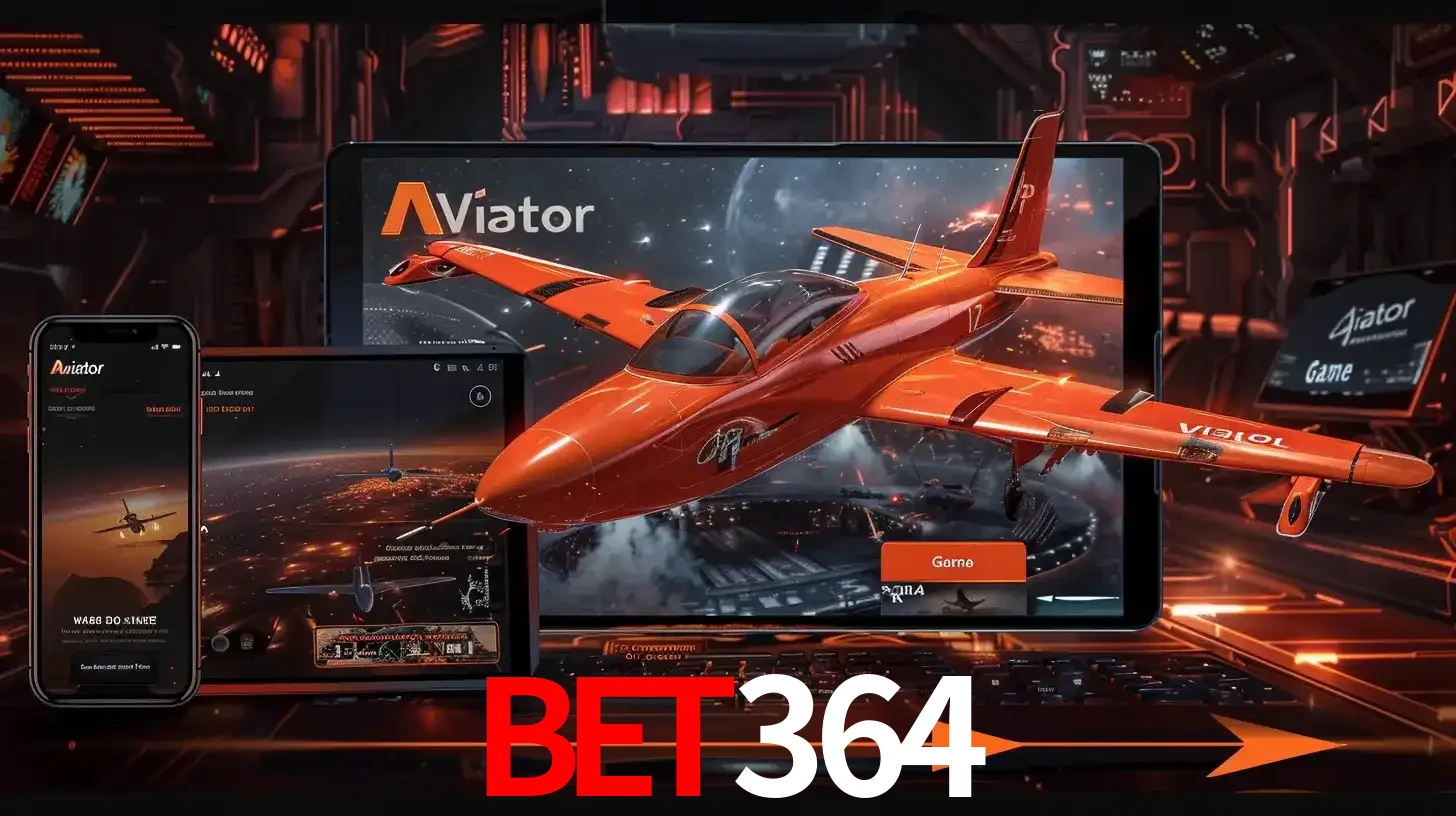 Apresentação tecnológica do jogo Aviator com um avião saindo da tela de um tablet, demonstrando a experiência imersiva em múltiplos dispositivos no bet364.