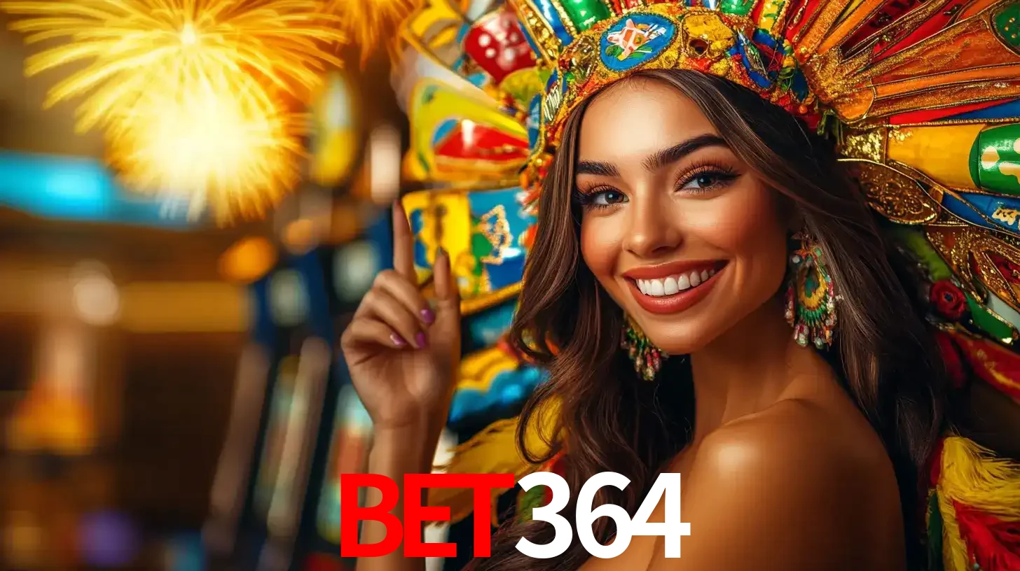 Mulher sorridente com um cocar de carnaval vibrante e colorido, celebrando uma grande vitória nos jogos do cassino bet364 com fogos de artifício ao fundo.