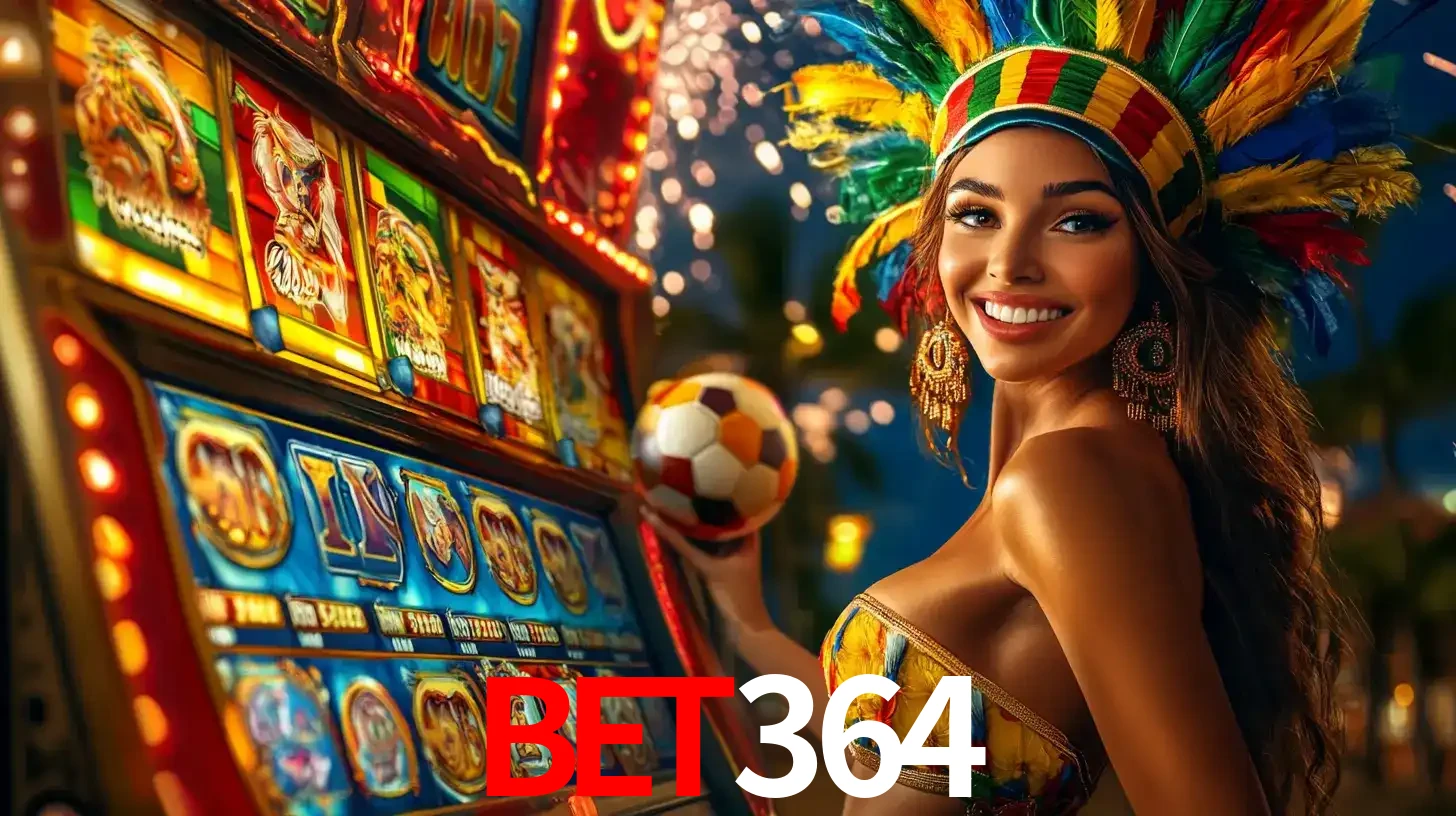 Mulher com um cocar de carnaval ao lado de uma máquina de caça-níqueis enquanto segura uma bola de futebol, mostrando a união da diversão de cassino e esportes no bet364.
