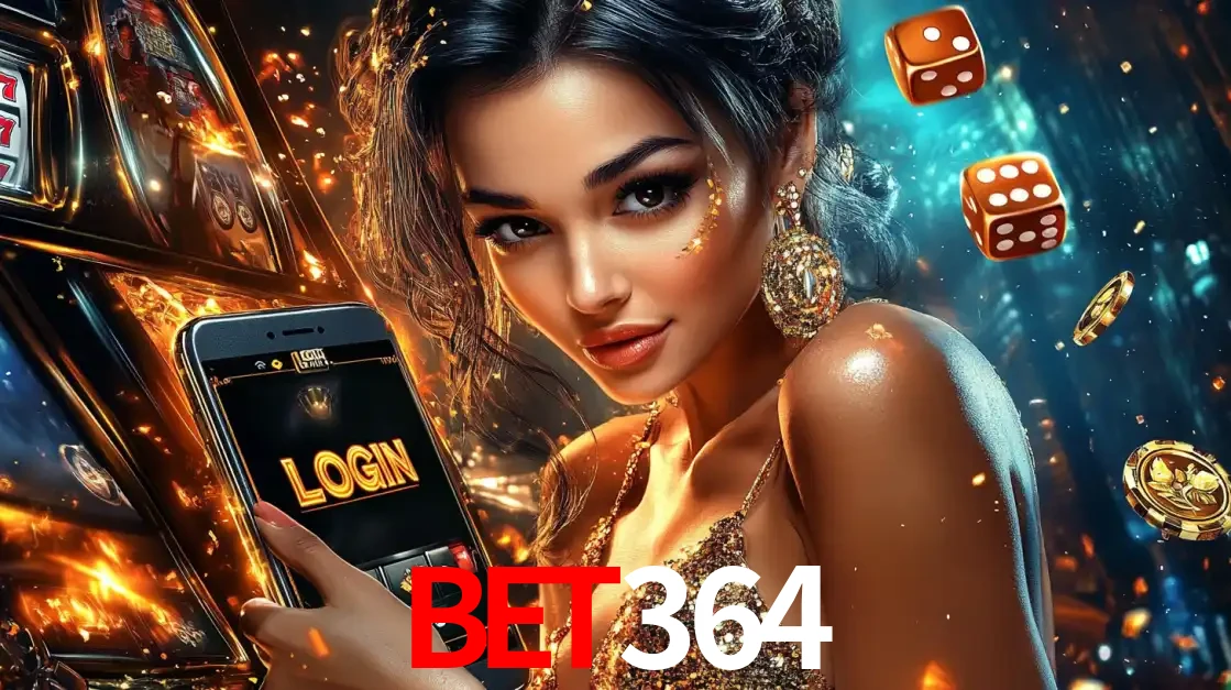 Mulher glamourosa segurando um celular com a tela de login do cassino bet364, rodeada por dados e moedas douradas, pronta para começar a diversão.