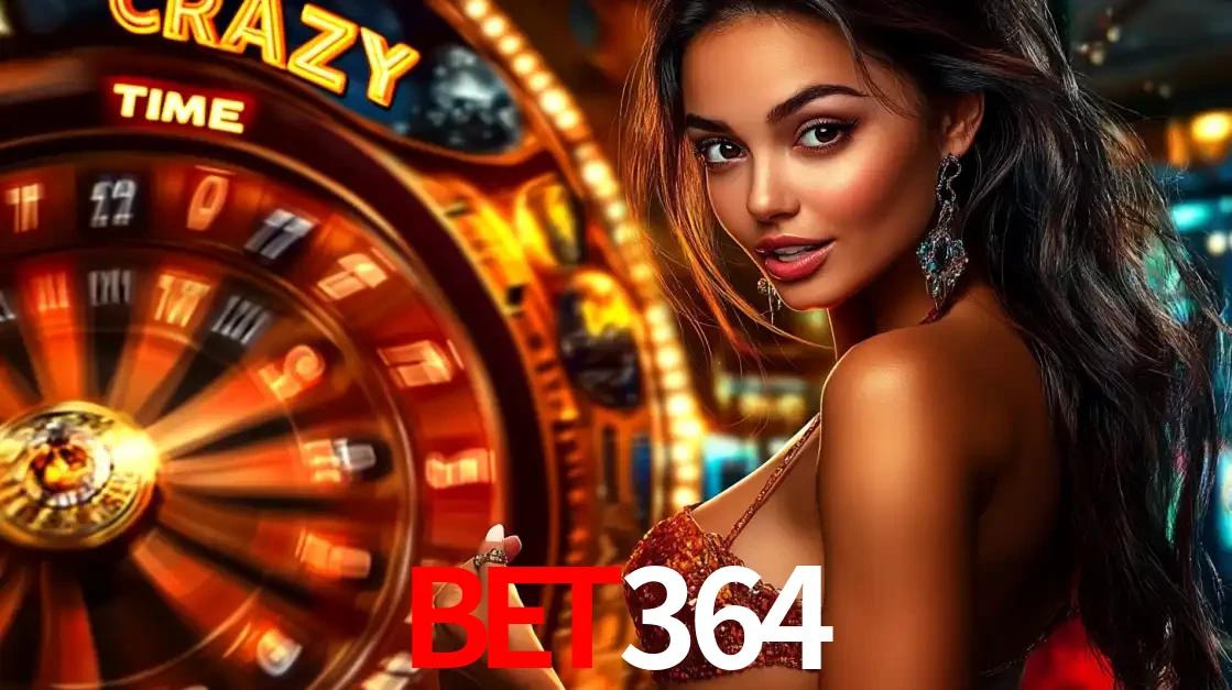 Mulher ao lado da roda de prêmios do jogo de cassino ao vivo Crazy Time, um dos shows de jogos mais emocionantes oferecidos pela plataforma de apostas bet364.