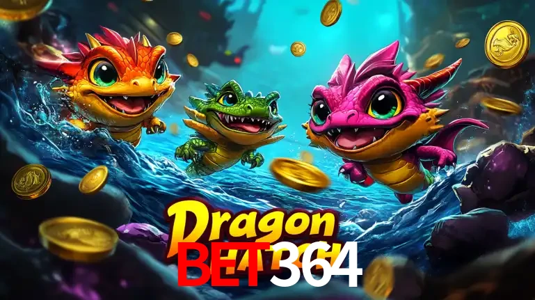 Arte promocional do jogo Dragon Hatch com três adoráveis dragões bebês nadando entre moedas de ouro, um dos slots mais divertidos para jogar no cassino bet364.