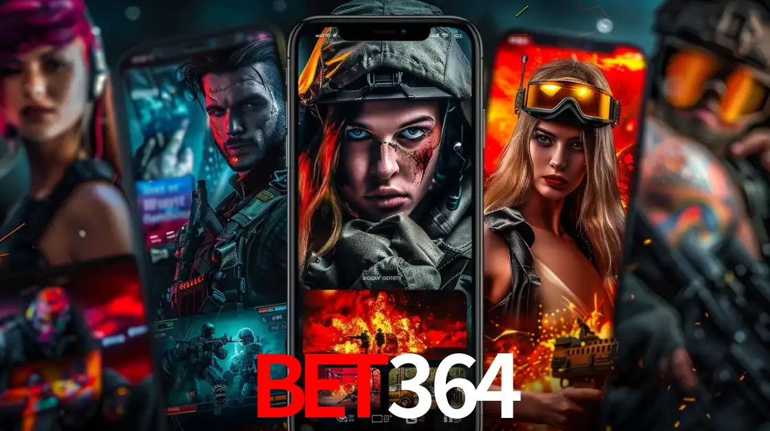 Montagem de telas de celular mostrando diversos personagens, masculinos e femininos, de um jogo de tiro, ilustrando a diversidade de equipes de e-sports para apostar no bet364.