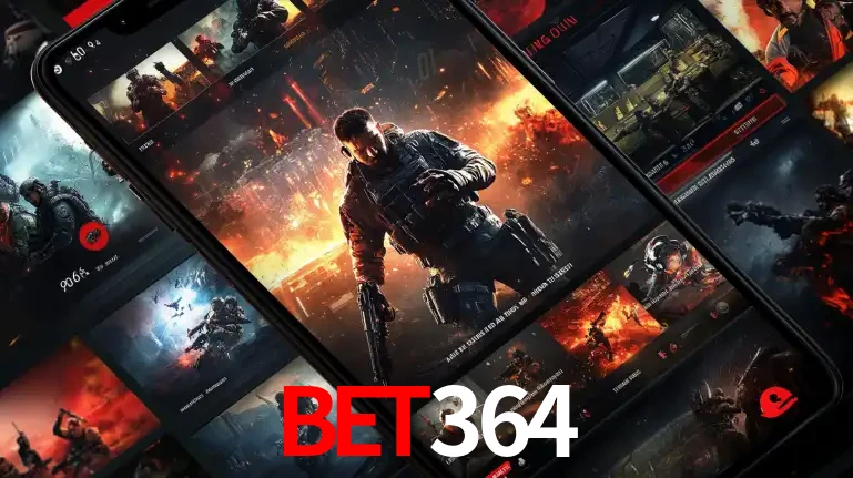 Tela de um celular exibindo uma galeria de jogos de tiro com temática militar, mostrando a variedade de e-sports disponíveis para apostas na plataforma de entretenimento bet364.