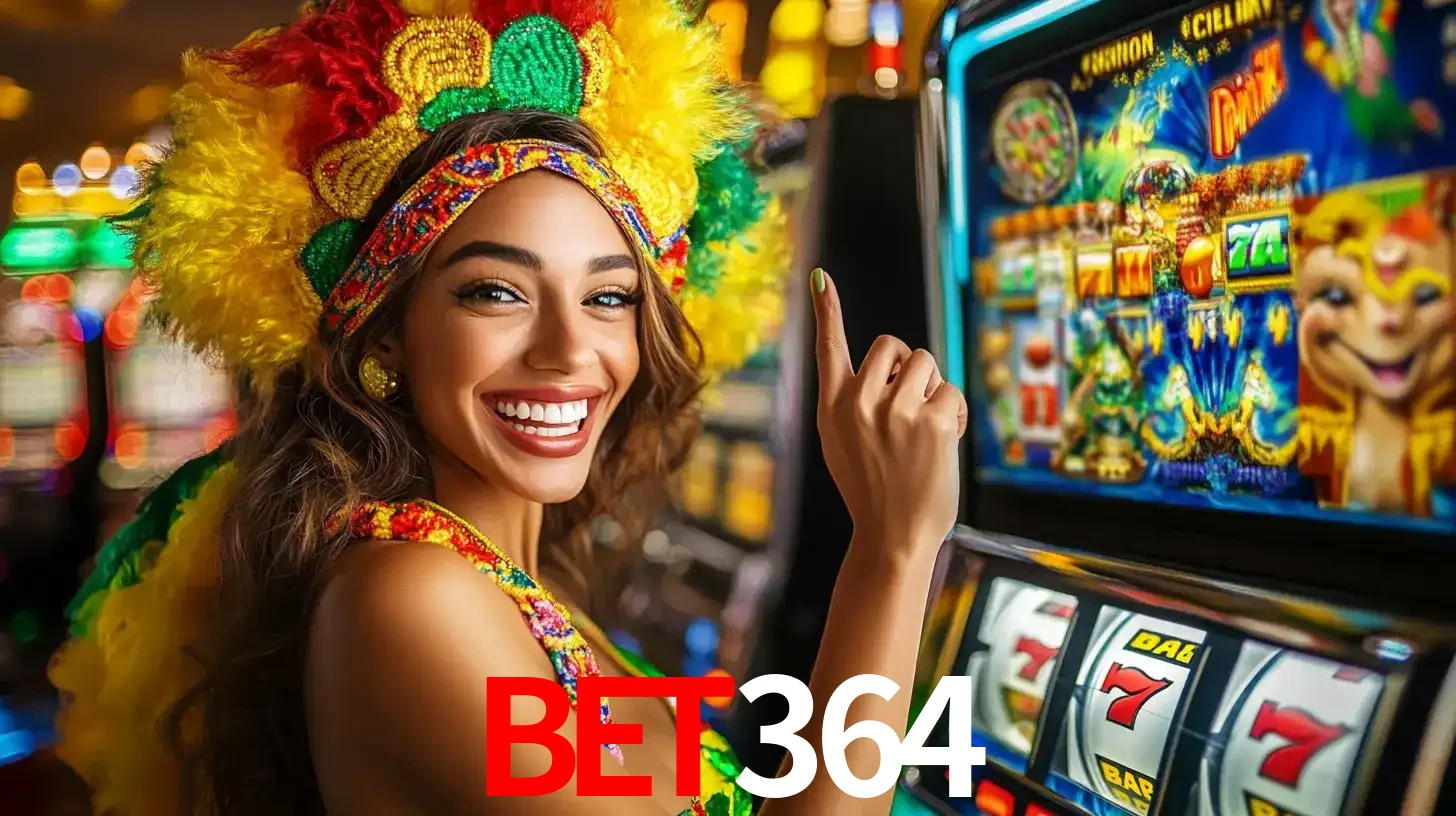 Mulher animada com um cocar de carnaval apontando para uma máquina de caça-níqueis, mostrando a emoção de ganhar um grande prêmio nos jogos do bet364.
