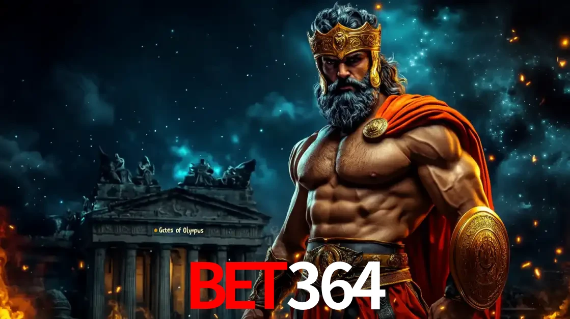O poderoso Zeus do jogo de slot Gates of Olympus em frente ao seu templo, pronto para lançar multiplicadores divinos e prêmios épicos no cassino online bet364.