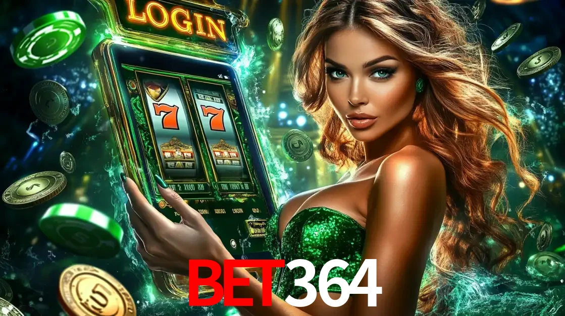 Mulher com tema verde apresentando o aplicativo do cassino bet364 com um jogo de slot de 777, cercada por fichas de cassino e uma aura de sorte.
