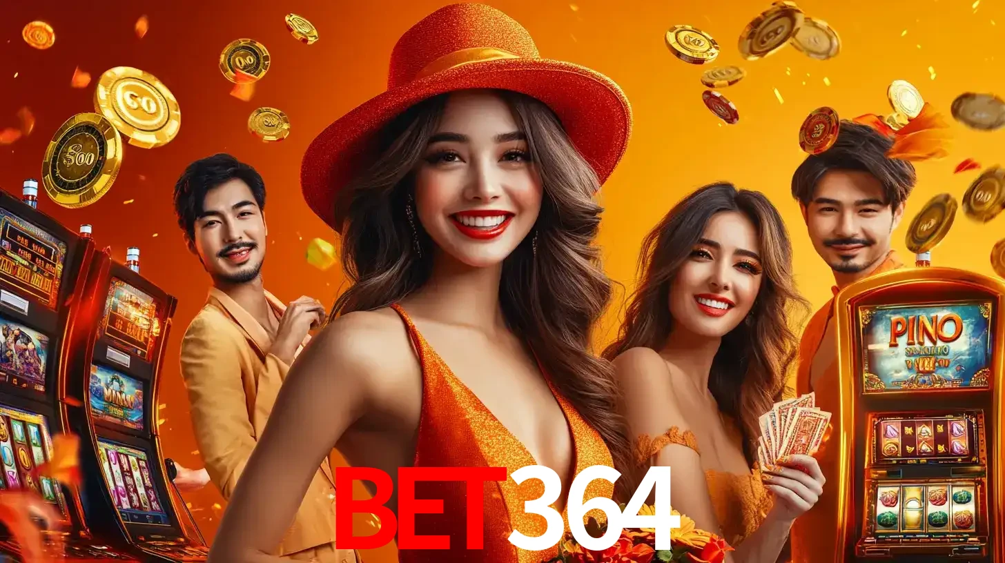 Grupo de amigos asiáticos sorrindo e se divertindo com máquinas de caça-níqueis em um ambiente festivo, celebrando suas vitórias nos jogos de cassino do bet364.