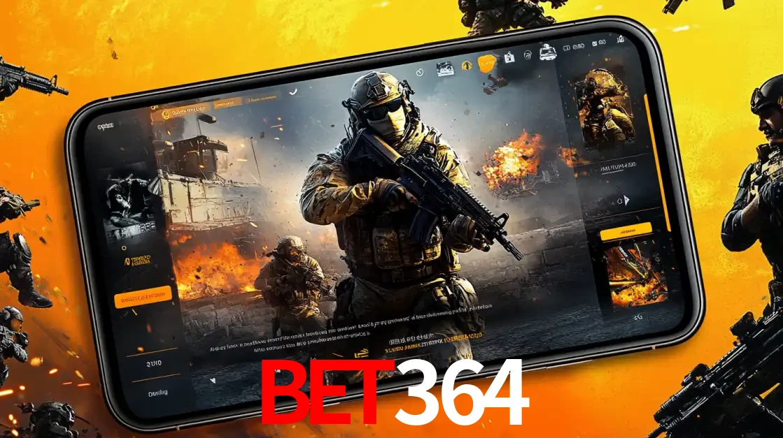 Um smartphone exibindo a interface de um jogo de tiro em primeira pessoa, com um soldado em um cenário de batalha, representando a ação dos e-sports para apostar no bet364.