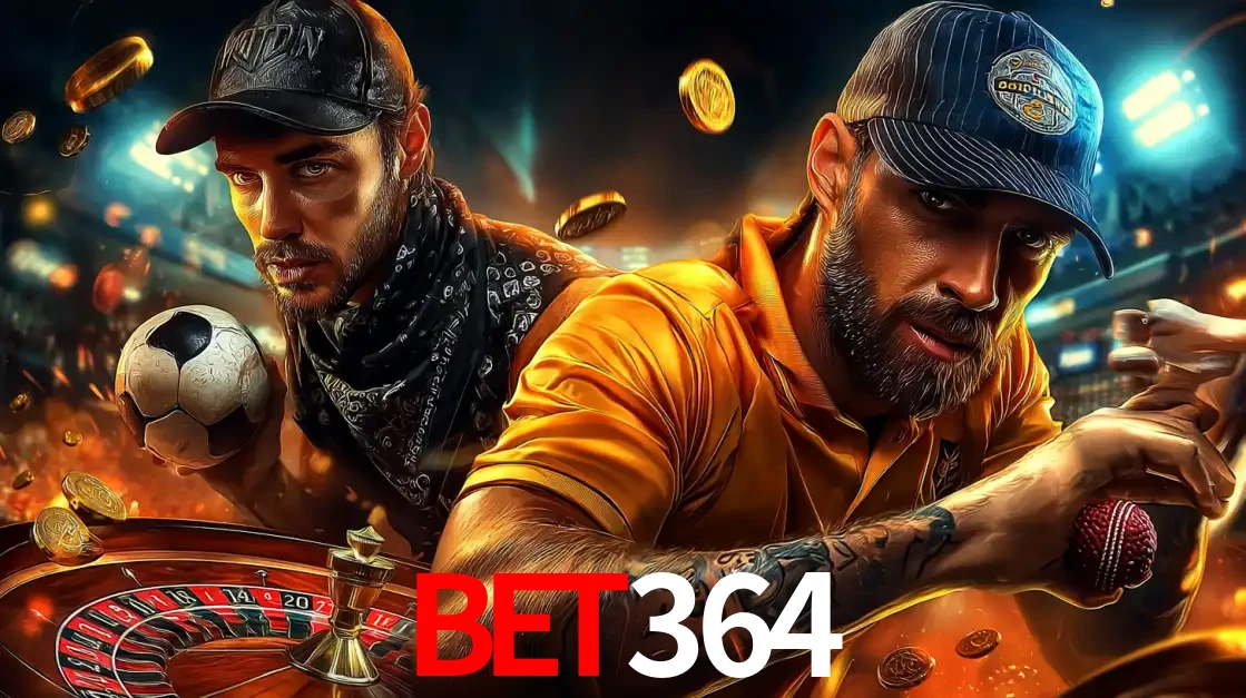 Montagem de apostas esportivas e cassino no bet364, com um homem segurando uma bola de futebol e outro uma de beisebol sobre uma roleta e moedas voadoras.