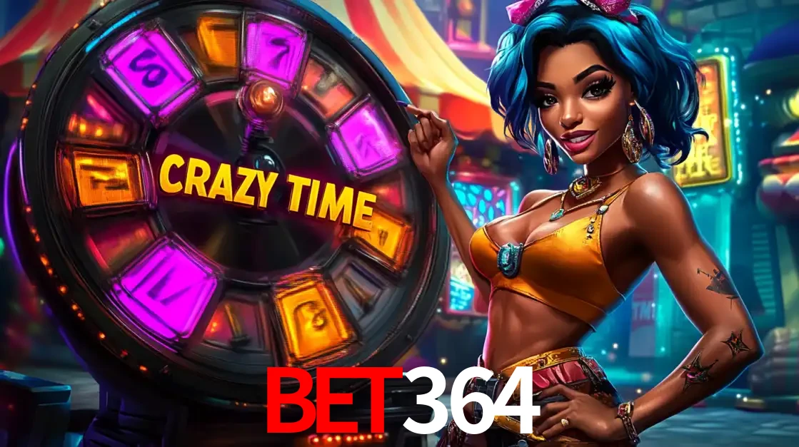 Mulher estilizada com cabelo azul e visual vibrante posando ao lado da roda de prêmios do game show Crazy Time, convidando para a diversão e os bônus do cassino bet364.