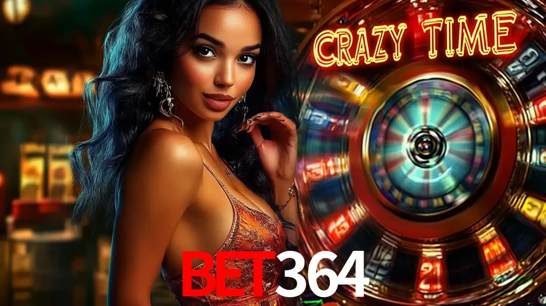 Mulher elegante ao lado da vibrante roda da fortuna do jogo de cassino ao vivo Crazy Time, um dos game shows mais populares e cheios de prêmios do bet364.