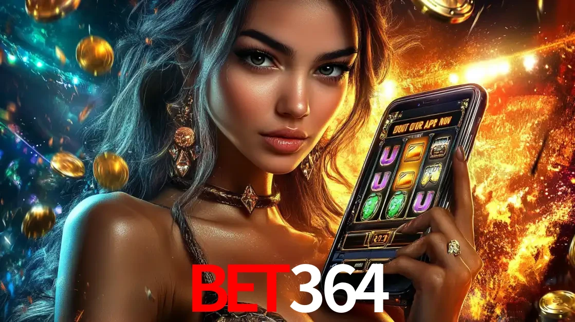 Mulher elegante mostrando um jogo de caça-níqueis em seu smartphone, destacando a experiência de cassino móvel oferecida pelo aplicativo bet364.