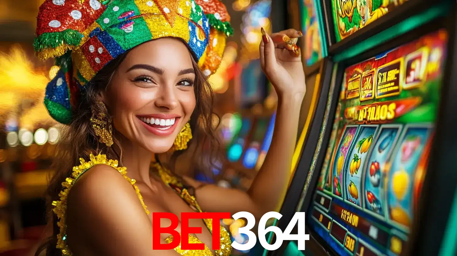 Mulher feliz com traje de carnaval amarelo e colorido ao lado de uma máquina de caça-níqueis, aproveitando a diversão e os jogos temáticos do cassino bet364.