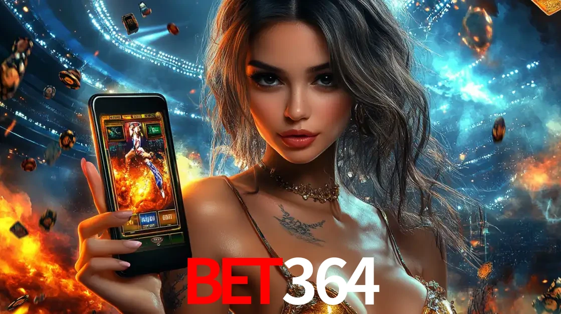 Mulher segurando um celular com um jogo de slot em destaque, tendo como fundo um estádio vibrante, simbolizando a emoção de jogar no cassino móvel bet364.