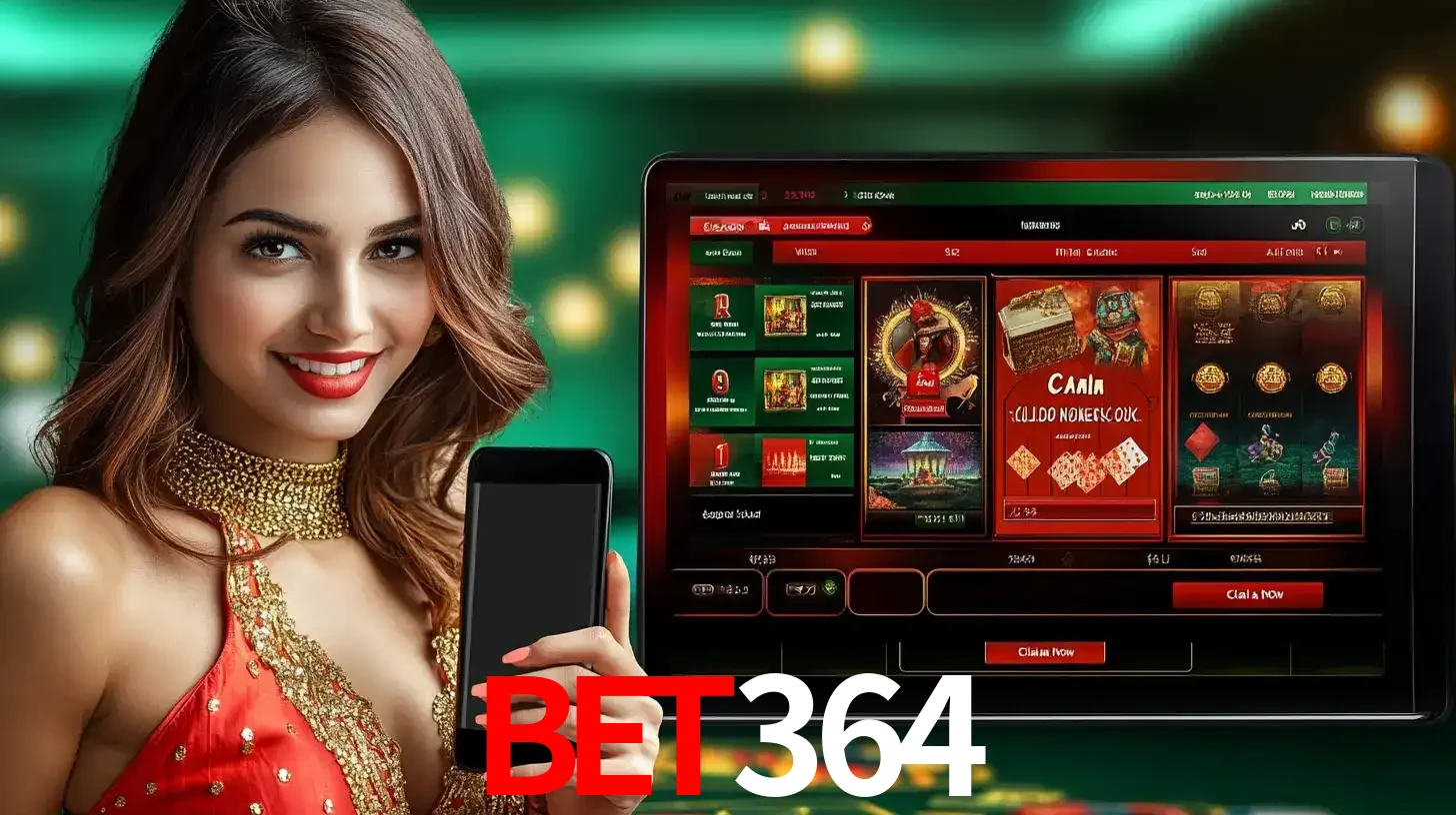 Mulher sorridente segurando um smartphone, ao lado de uma tela exibindo o lobby de jogos do cassino online bet364, com várias opções de jogos de cartas e slots.